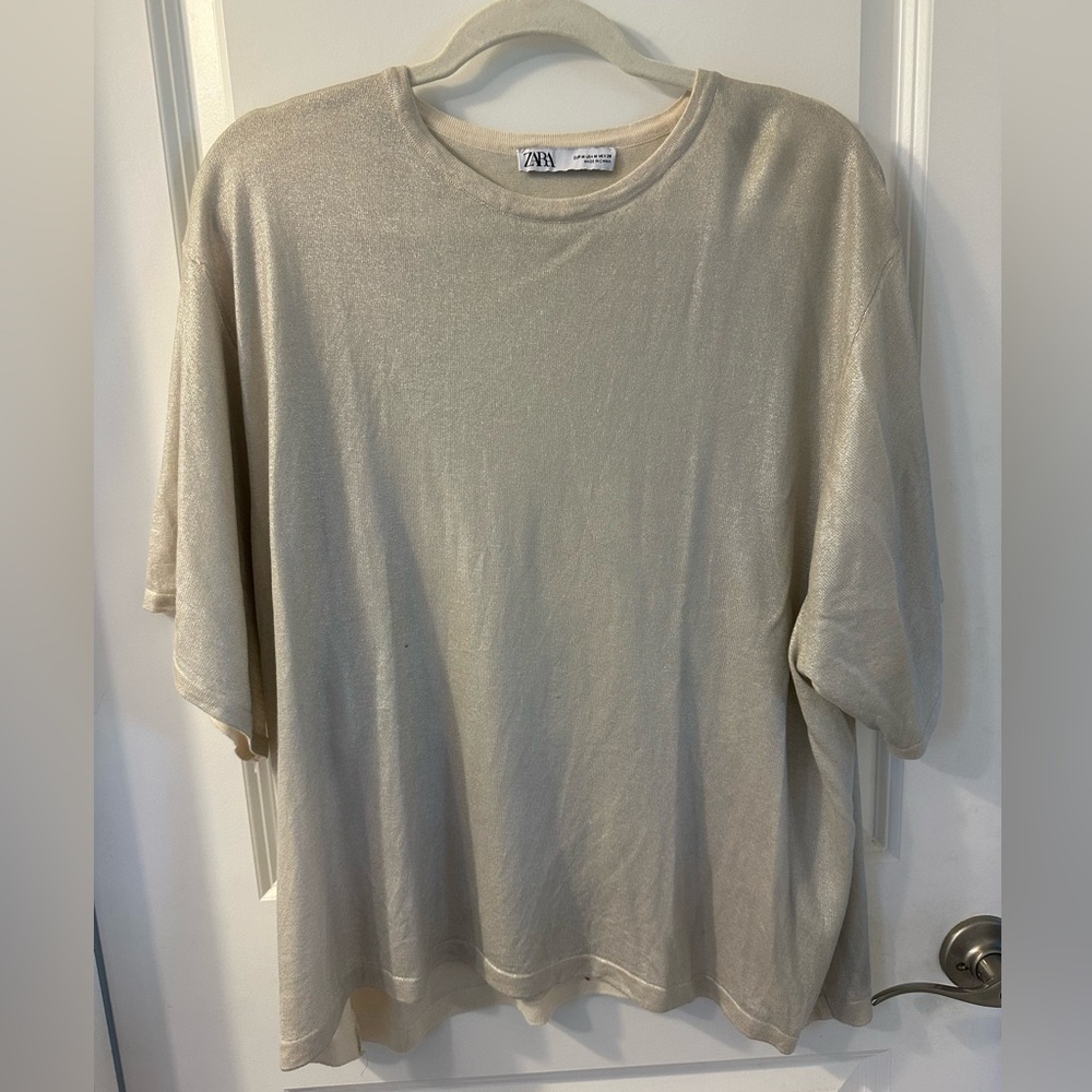 Zara Shimmery Cream Crewneck Tee